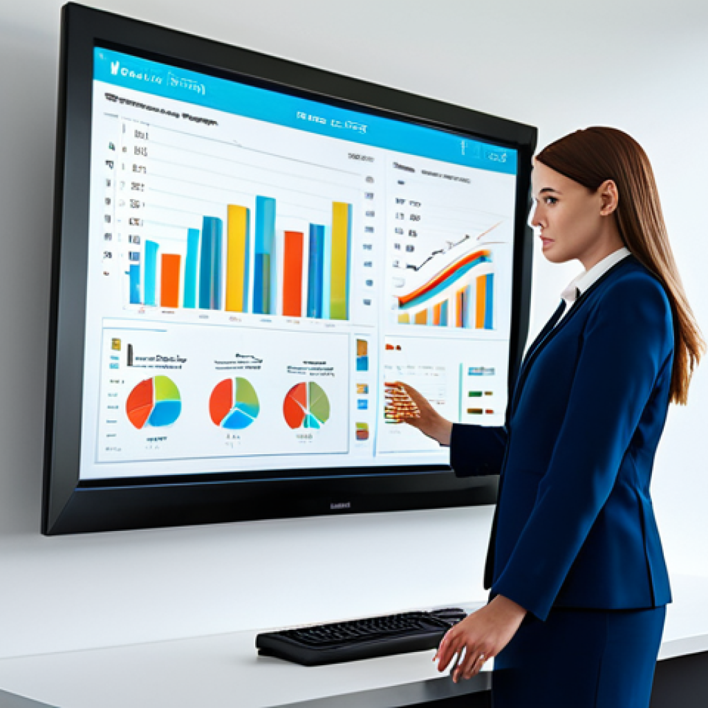 **Prompt:** A businesswoman in a tailored, modest business suit analyzing data charts on a large screen in a modern, brightly lit office. Emphasize professionalism and focus, fully clothed, appropriate attire, safe for work, perfect anatomy, correct proportions, well-formed hands, family-friendly, high-quality rendering, professional environment.
