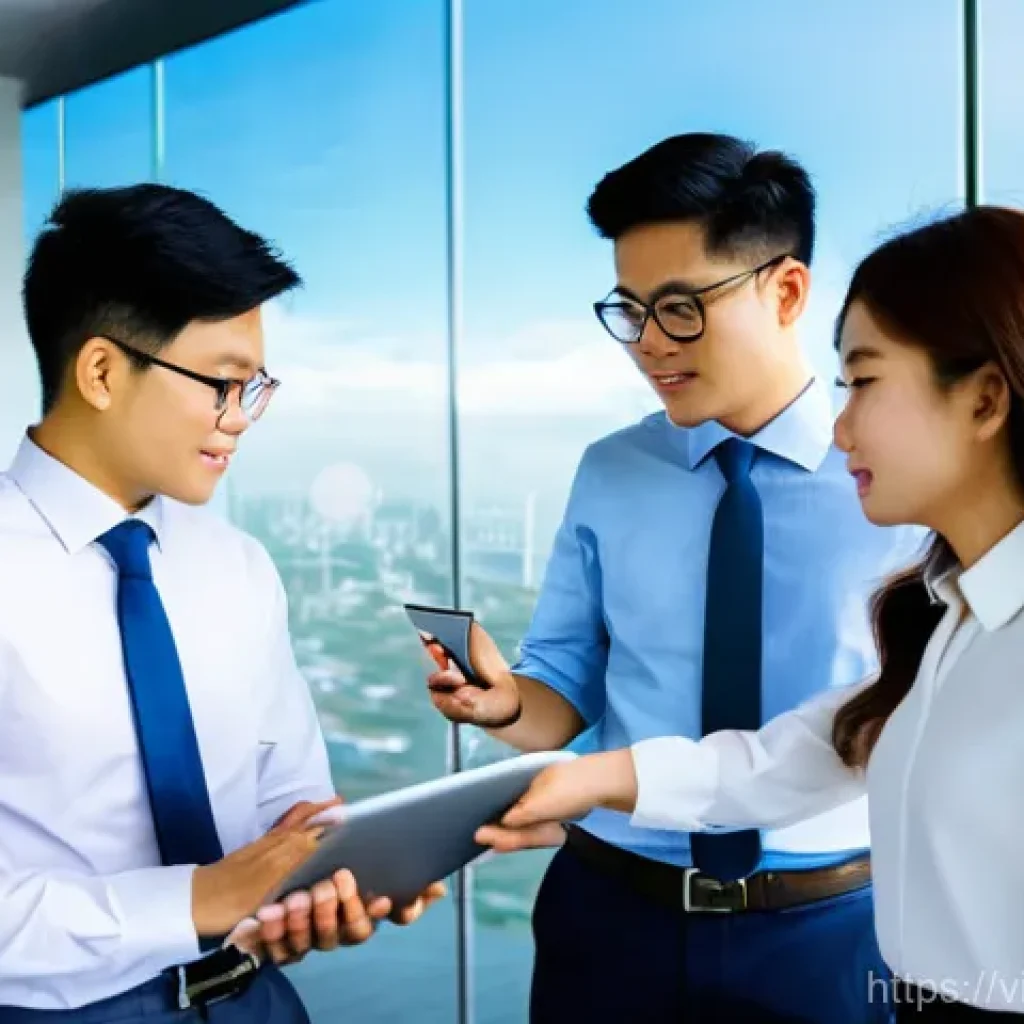 비즈니스 애널리스트 직무 분석 - **Prompt:** A dynamic, wide-angle shot of a diverse team of four young Vietnamese Business Analysts ...