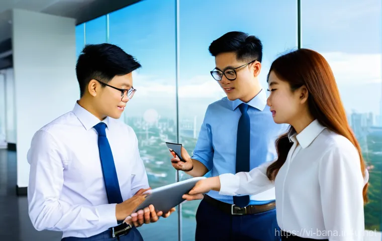 비즈니스 애널리스트 직무 분석 - **Prompt:** A dynamic, wide-angle shot of a diverse team of four young Vietnamese Business Analysts ...