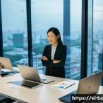 비즈니스 애널리스트 이론 학습 - **Prompt:** A dynamic, wide-angle shot of a confident Vietnamese female Business Analyst (BA) in her...