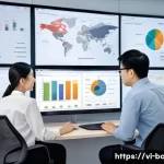 비즈니스 애널리스트 데이터 모델링 - A modern Vietnamese office environment with diverse professionals collaboratively analyzing complex ...