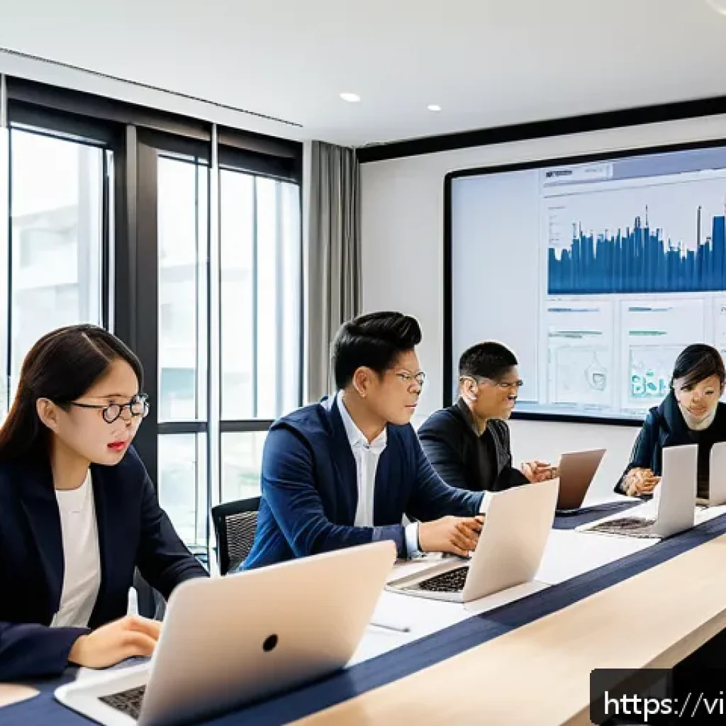 비즈니스 애널리스트 업무 프로세스 - A professional Vietnamese business analyst team in a modern office setting, collaborating around a l...