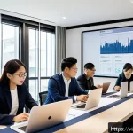 비즈니스 애널리스트 업무 프로세스 - A professional Vietnamese business analyst team in a modern office setting, collaborating around a l...