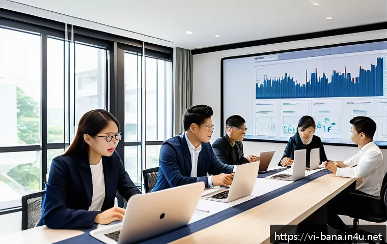 비즈니스 애널리스트 업무 프로세스 - A professional Vietnamese business analyst team in a modern office setting, collaborating around a l...