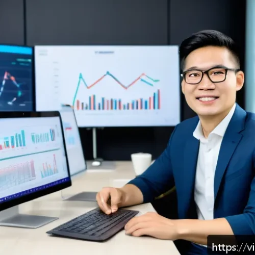 비즈니스 애널리스트 취업 전략 - A modern Vietnamese business analyst in a sleek office setting in Ho Chi Minh City, wearing smart ca...